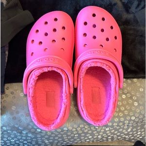 Pink fuzzy crocs